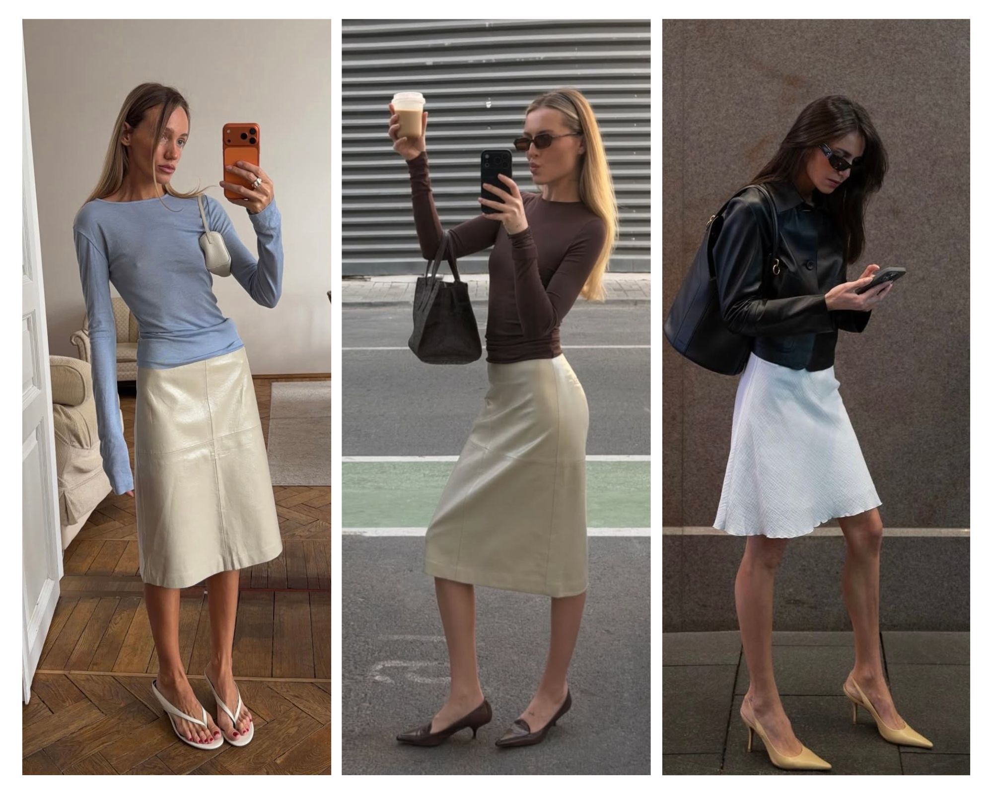 A high-fashion 90s-inspired look with a long-line midi skirt, highlighting the unyielding grace and sharp tailoring of a timeless minimalist aesthetic