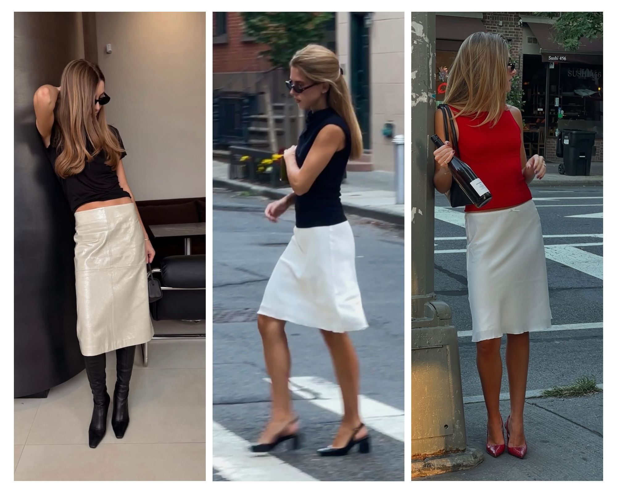 A structured white midi skirts, highlighting the sharp tailoring and personal armor effect of a 90s-inspired minimalist aesthetic