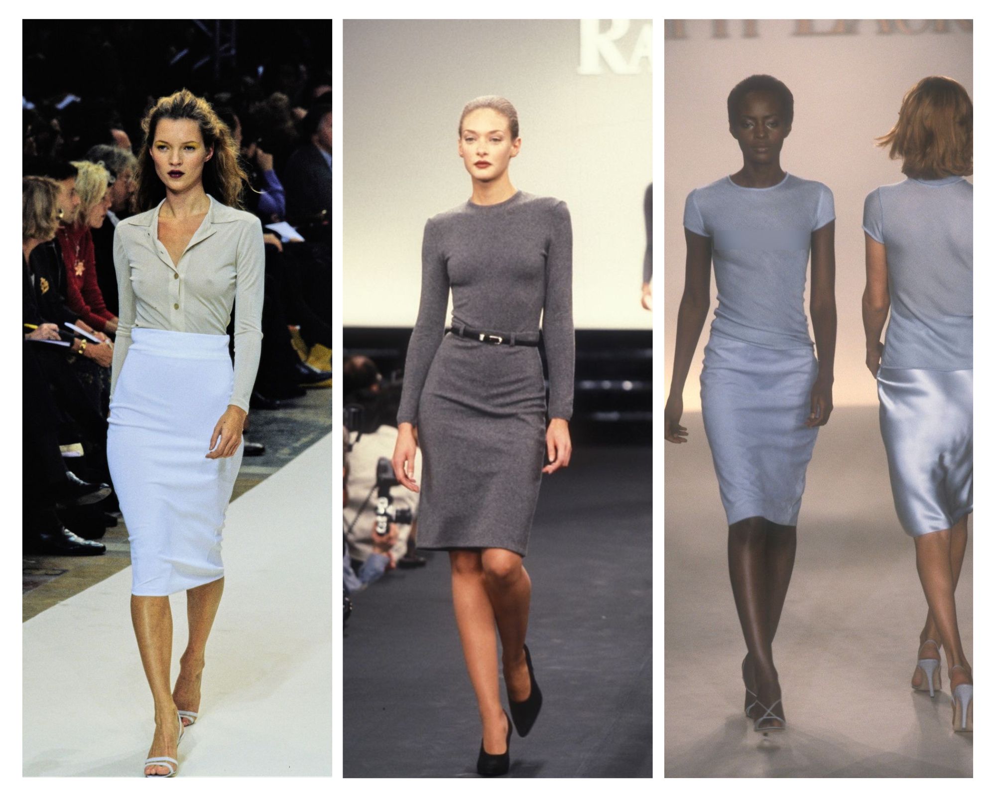 A minimalist 90s runway aesthetic featuring a sleek midi skirt, capturing the intellectual cool and unyielding grace of era-defining high-fashion silhouettes