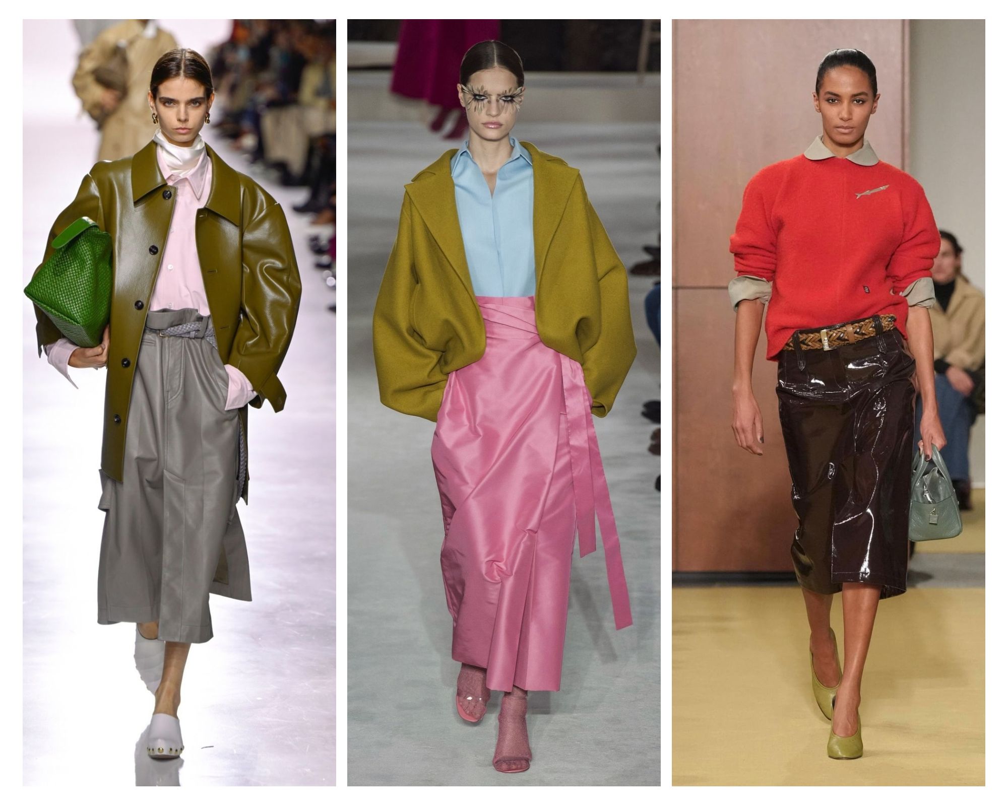 From left to right Bottega Veneta Fall/Winter 2023 Valentino Haute Couture Spring/Summer 2019 Tory Burch Fall 2026