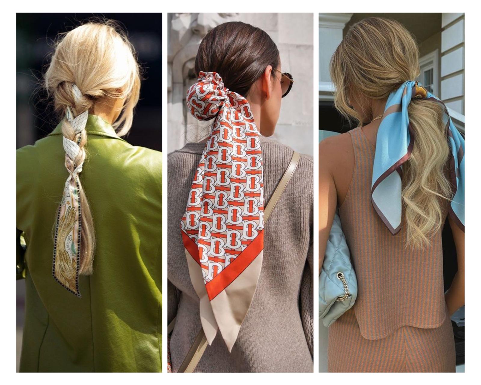 Silk scarf wrapped around a low bun, showcasing a sense of 'Artisanal Grooming' and 'Conscious Grace' through fluid textures and effortless hair styling