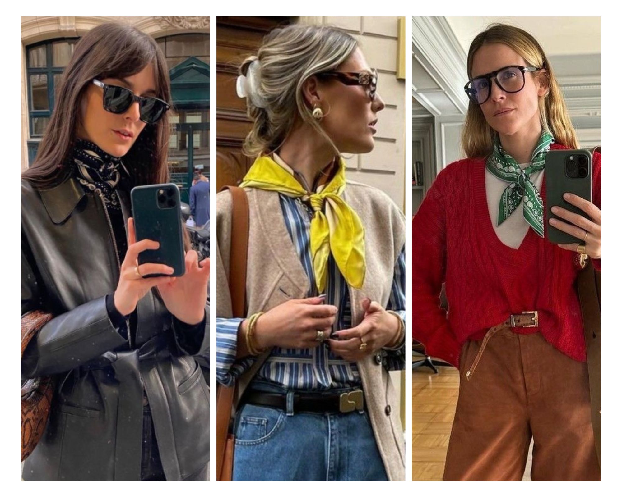 Silk scarf tied in a chic knot for a minimalist, effortless look