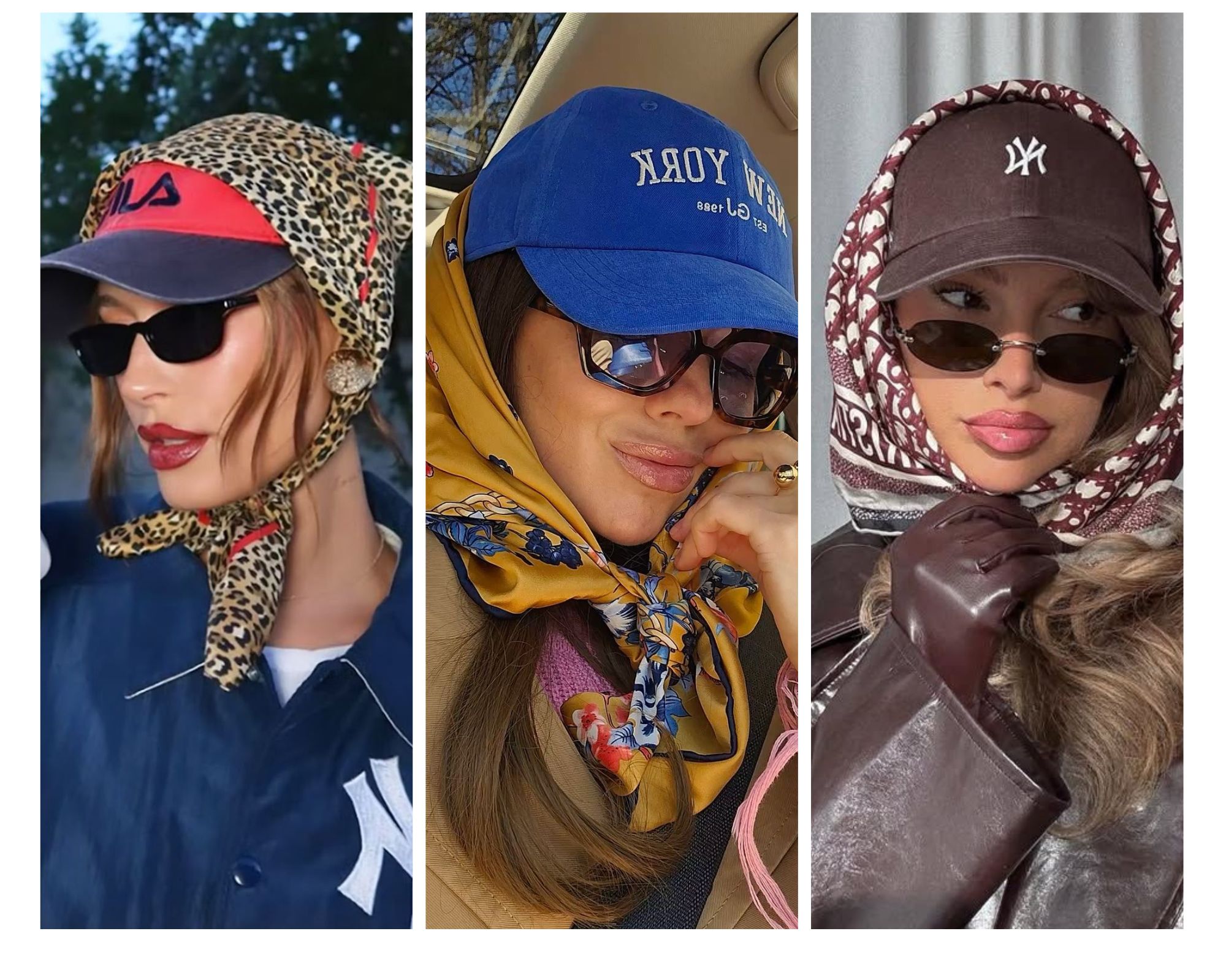 Street style look featuring a cap and scarf for effortless cool